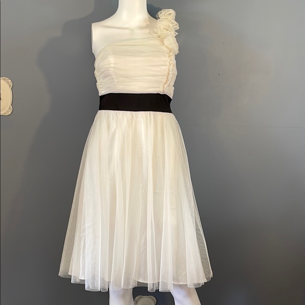 Asymmetrical Ruched Cream and Black One Shoulder Dress